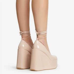 EGO Blush Patent Platform Wedge Pumps with Ankle Wrap